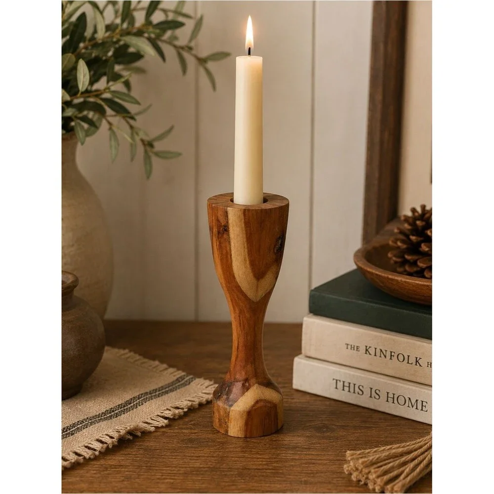 Vintage Hand Carved Wood Stick Candle Holder Rustic Boho Taper Candlestick Decor